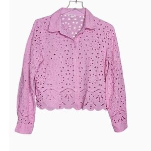 Ultra Pink Eyelet Lace Long Sleeve Top Pink Feminine Vacation Coastal Beach M